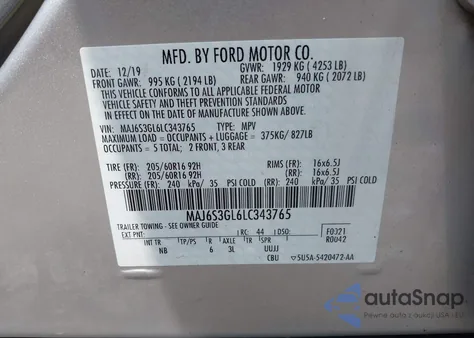 2020 Ford Ecosport Se z USA, uszkodzony, nr VIN MAJ6S3GL6LC343765